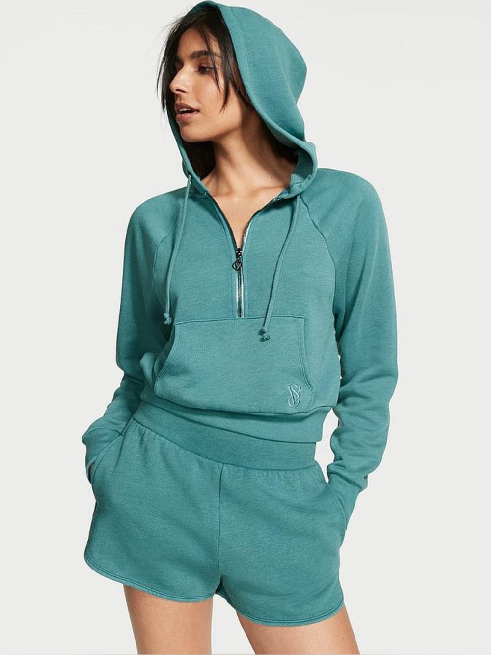VICTORIA'S SECRET On Point Teal Cotton Fleece Half-Zip Hoodie Hooded Sweatshirt